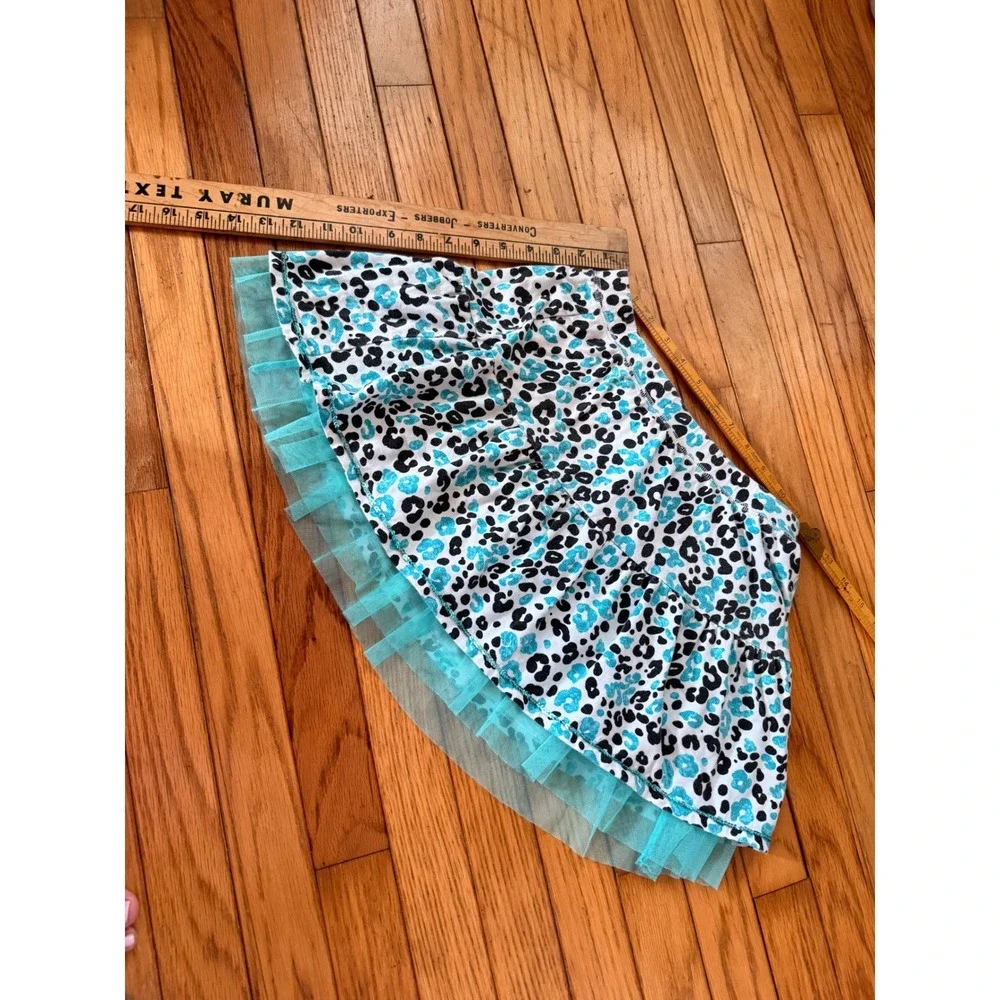 Y2K Mcbling Justice Girls Teal Leopard Print Skort with Tulle Trim and Sequins